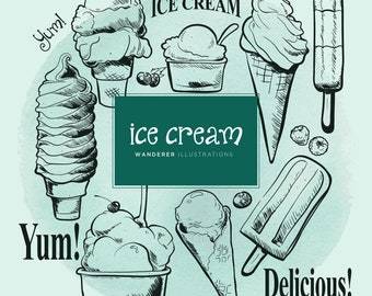 Hand Ice Cream Clipart, Ice Cream Prints, Commercial Use, Ice Cream Vector Images, Ice Cream Clipart, Black and White Ice cream Art, Summer