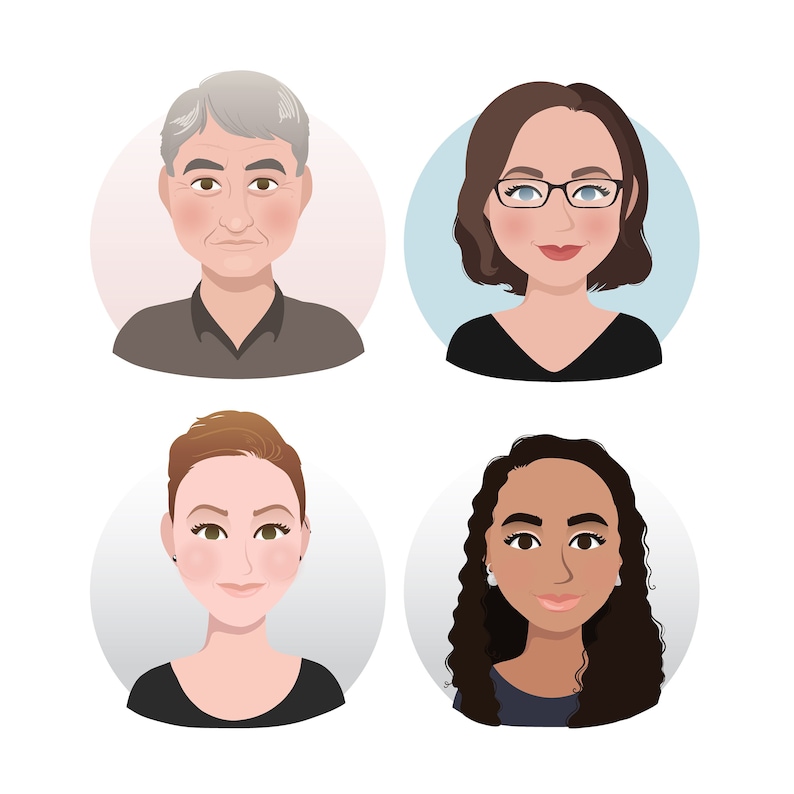 May include: Four illustrated portraits of people with different hair colors and skin tones. The portraits are set against a white background with a circle around each portrait.