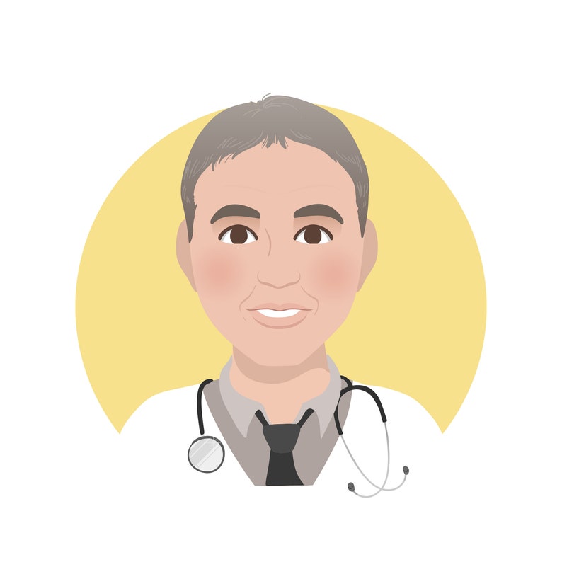 May include: A cartoon illustration of a doctor wearing a white coat and a stethoscope. The doctor has gray hair and a light brown complexion. The background is a yellow circle.