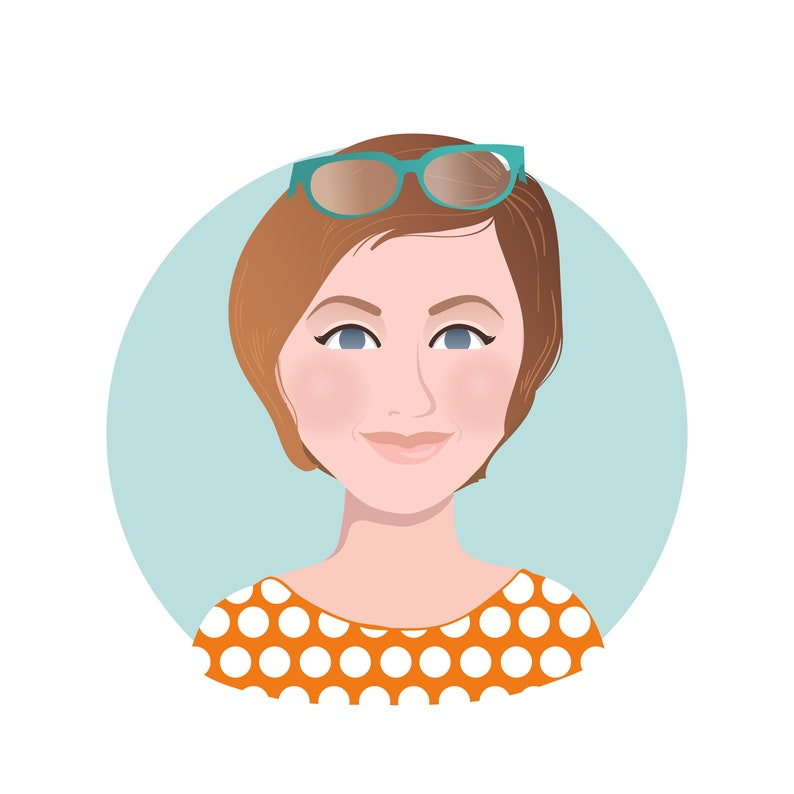 May include: A woman with short brown hair wearing teal sunglasses and a white and orange polka dot shirt.