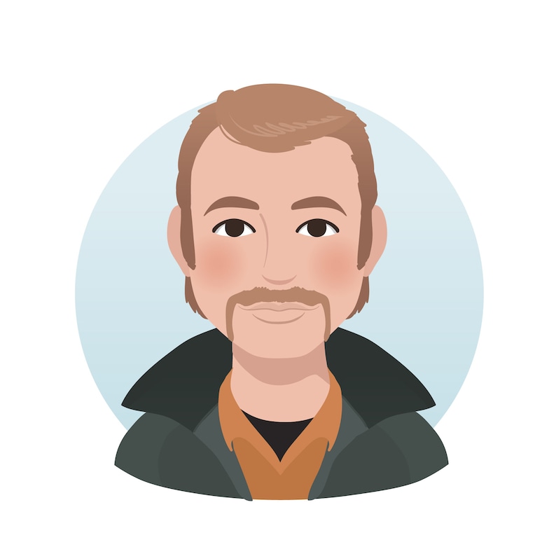 May include: A cartoon illustration of a man with brown hair, a mustache, and a green jacket. He is wearing a light orange shirt underneath the jacket. The background is a light blue circle.