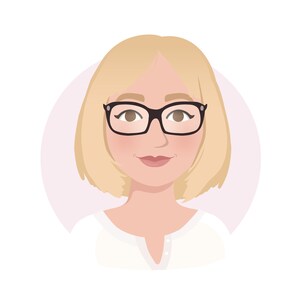 May include: A woman with short blonde hair wearing black framed glasses and a white collared shirt.