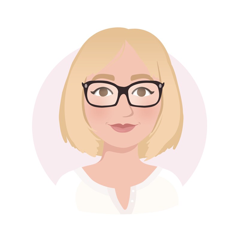 May include: A woman with short blonde hair wearing black framed glasses and a white collared shirt.