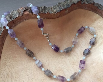 May include: A purple and grey gemstone necklace with a silver clasp. The necklace is made with faceted beads and is strung on a clear thread.