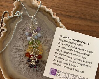 May include: A silver chain necklace with a pendant featuring a cascade of colorful gemstones. The pendant includes red, orange, yellow, green, blue, purple, and clear stones. A card with text about the necklace is visible.