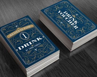 Ornate Blue Drink Voucher Cards | Party, Wedding, Fundraiser