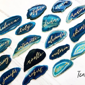 2.5" - 3" Teal Agate Slice Calligraphy Name Place Cards | Agate Calligraphy Name Cards