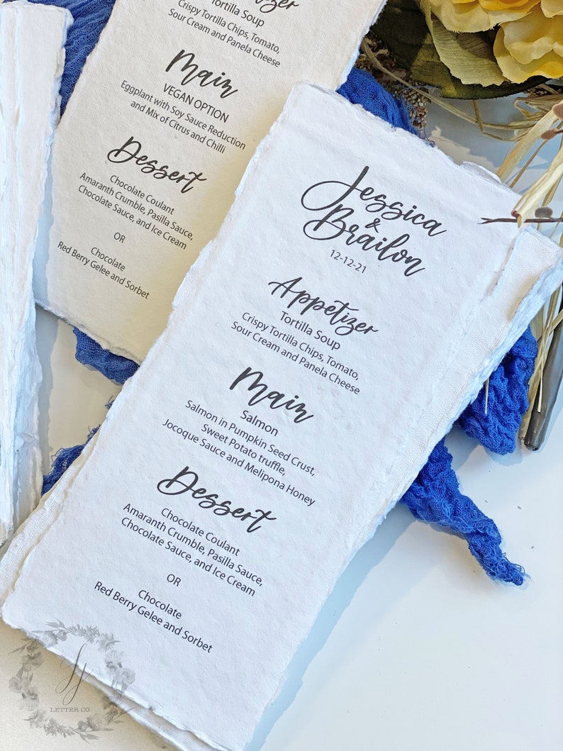 Deckled Edge Cotton Paper Wedding Menu Card Cotton Rag Paper Etsy