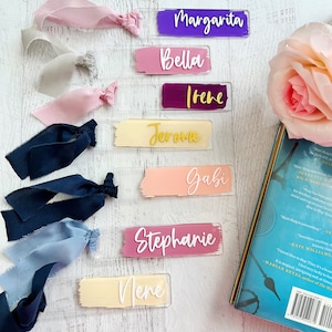 Personalized Acrylic Bookmark | Personalized Wedding Favors | Wedding Place Cards | Back Painted Bookmark with Frayed Edge Silk Ribbon