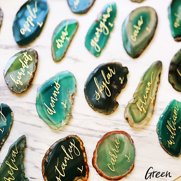 3" - 3.5" EXTRA LARGE Green  Slice Calligraphy Place Cards | Agate Slice Name Cards