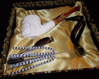 NEW MEERSCHAUM PIPE Kit with Pipe, Holder, Brush, Tamper and Cleaners! Gift Box!