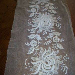 Antique lace french origin 1910 pure very fine cotton net heavily embroidered white to cream  vintage supplies