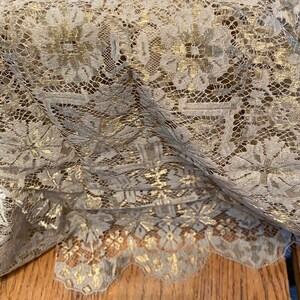 May include: A close-up of a beige lace fabric with gold metallic accents. The lace has a delicate floral pattern and a scalloped edge.