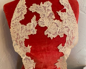 May include: A delicate, off-white lace trim with a floral pattern, displayed on a red velvet mannequin.