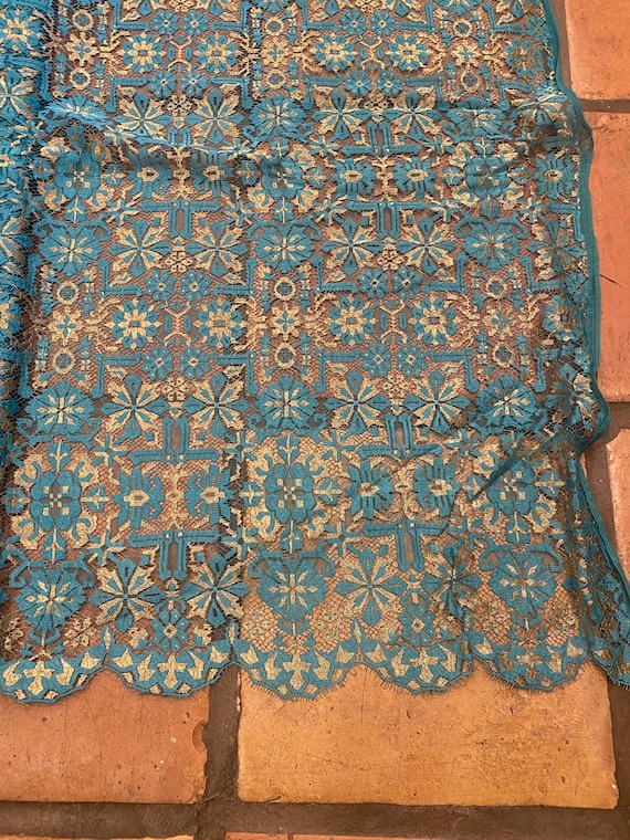 51 inches French wide Antique lace beautiful pattern metallic gold and teal