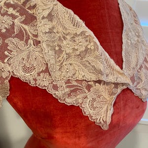 May include: A cream-colored lace collar with floral and leaf patterns. The delicate lace is draped over a red dress form, showcasing the intricate details and scalloped edges. The collar is a vintage accessory.