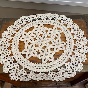 Antique hand done lace round doily large