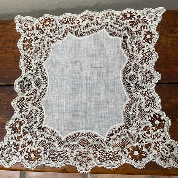Antique Lace hand done lace wedding hanky/doily 1800s