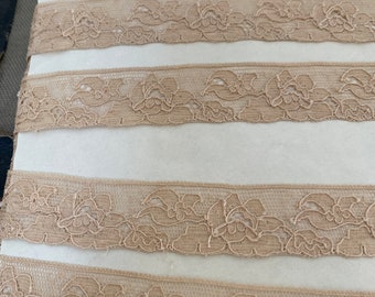 May include: A close-up of beige lace trim with a floral pattern. The label reads "M. & E. Fold Co. Size No. Z-31042 Yds. 36 All Cotton".