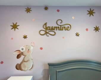 Wood Gold Sparkly Stars Nursery Name Sign - Over the Crib Wooden Name Sign Wall Hanging - Name Baby Name Cutout - Charlotte Script Name