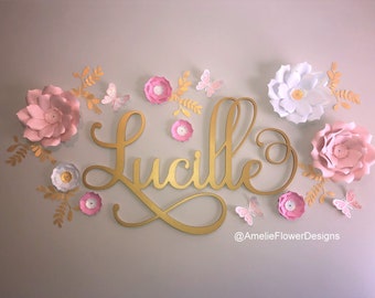 Floral Name Sign - Nursery Wall Decor - Gold Name Sign - Wooden Letters for Nursery - Baby Girl Room Decor - Floral Decor Name Art