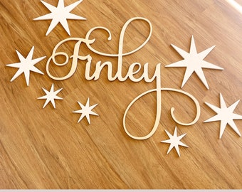 Finley nursery name sign with stars bundle decor - Large Wood Name Sign Decor above crib - Stars Shape Cutout Wall Name Custom Bundle