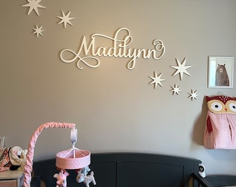 Madilynn nursery name sign with stars bundle decor - Large Wood Name Sign Decor above crib - Stars Shape Cutout Wall Name Custom Bundle