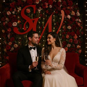 May include: A couple in formal attire, seated on a red velvet sofa, holding champagne flutes. The background features a wall of red and pink roses, with a large red monogram and string lights. The woman wears a white wedding dress.
