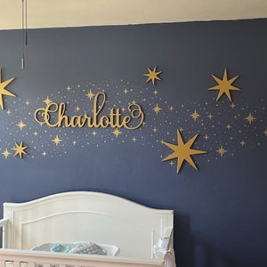 Golden Stars Nursery Baby Girl Name Sign - Over the Crib Wooden Name Sign Wall Hanging - Name Baby Name Cutout - Charlotte Script Name