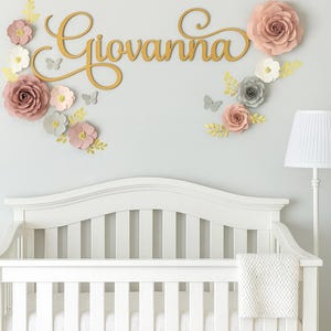 Custom Nursery Name Sign | Personalized Baby Boy or Girl Name Wall Decor | Gold Script Wooden Name Sign for Above Crib (Giovanna Example)
