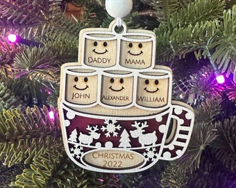 Hot Cocoa and Marshmallows Family Personalized Ornaments | Name Ornament | Wooden Christmas Ornament | Farmhouse Christmas Ornament