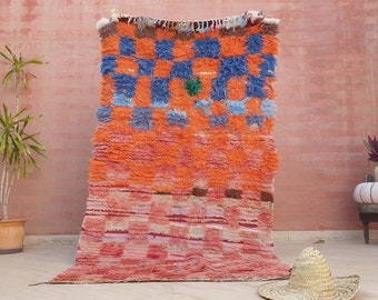 Vintage Moroccan Rug 4.1x7.8 Gorgeous Blush Checkered Boujaad rug, Pink Orange Blue Squares Tribal berber pink rug