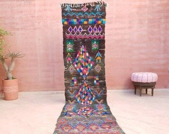 Vintage Moroccan rug 2.8x11.5 Unique hallway rug "Luncheon On The Grass" boujad rug colorful rug, entryway rug berber rug, Gray Green Rug