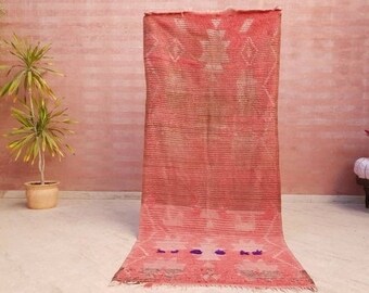 Vintage Moroccan Rug 3.5x8 Blush rug Pastels, Super Gorgeous Blush Pink Salmon Boujaad rug, Unique Moroccan Blush Pastels rug