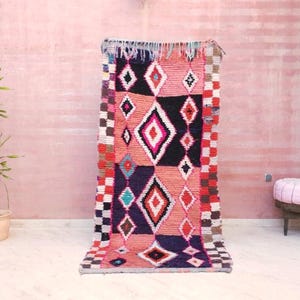 50% OFF CLOSING SALE Vintage Berber Runner Rug 3.6x7.8 Black Pink Boujaad Moroccan Rug