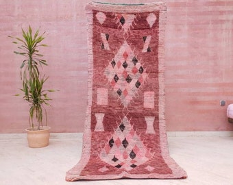 Vintage Moroccan Rug 3.5x8.5 Gorgeous Boujaad Blush Pink Brown rug, Beige Cream Hallway rug, Unique runner rug Authentic Berber Boujad rug