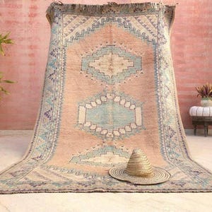 Vintage Moroccan rug 5x8.5 Precious Blush teal lavender Rug, Peach boujaad rug, Unique Taznakht rug