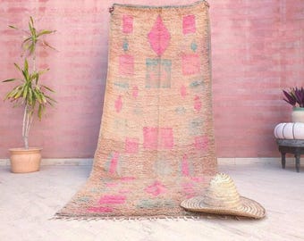 50% DE DESCUENTO EN LIQUIDACIÓN DE LIQUIDACIÓN Alfombra marroquí vintage, hermosa alfombra Boujaad de 3.8x9.3 Alfombra rosa melocotón ruborizada Alfombra colorida para sala de estar, alfombra abstracta verde azulado