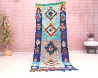 Alfombra marroquí vintage, hermosa alfombra boucherouite 3x7.5 Alfombra marroquí única "BALI" alfombra de dormitorio alfombra de sala de estar, alfombra boho colorida