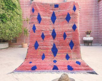 50% OFF CLOSING SALE Stunning Vintage Moroccan Rug 5x8.3 Unique Coral pink Boujaad rug, Blush Pink and Blue vintage boujad rug handmade rug