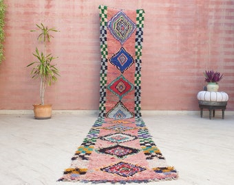 Vintage Moroccan Runner Rug 2.7x15.8 GELATO incredibly unique colorful pink runner rug, vintage boujaad rug,  long hallway rug