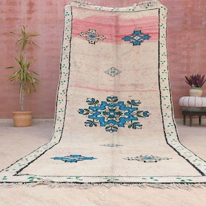 Vintage Moroccan Rug 4.6x10 Stunning pink White Boujaad Rug, unique tribal morocco rug, large boujad rug