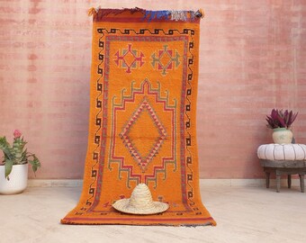 50% OFF CLOSING SALE Vintage Moroccan Rug, 3.5x8.3 Gorgeous Orange Berber bedside rug hallway rug orange colorful rug, Geometric boujaad rug