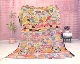 Gorgeous Vintage Moroccan Rug 6.5x8.1 stunning color palette, pqstels peach salmon cyan abstract  tribal rug, large boujaad rug