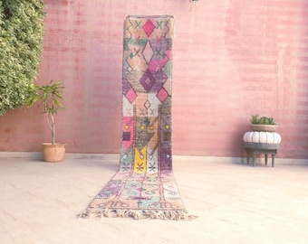 Tappeto da corridoio marocchino tribale pastello - Tappeto da corridoio berbero 2x10,5, rosa tenui e toni senape, tappeto da corridoio Boujaad vintage fatto a mano, eclettico boho