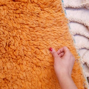 May include: A thick, high-pile rug in a vibrant orange hue featuring a dense, shaggy texture. The edge of the rug is finished with a series of cream-colored, braided fringe tassels that extend outward from the main body of the textile piece.