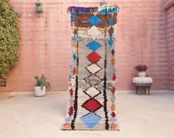 50% OFF CLOSING SALE Vintage Moroccan Runner Rug 2.5x7.4 Gorgeous Boujad Rug, Cyan Blue Coral Hallway Rug, boujaad rug