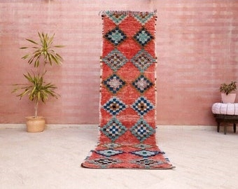 Vintage Moroccan Rug, Pretty Blush Boujaad Rug | 2.6x6.8 |  Unique Hallway Rug | Berber Runner rug | pink entryway rug