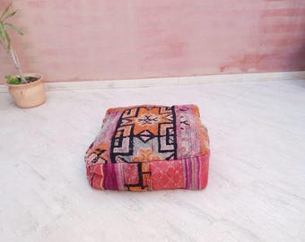 Large Unfilled Vintage Moroccan Rug Pouf Cover | Handmade Berber Wool Ottoman | Boho Floor Cushion | Kilim & Rug Patchwork