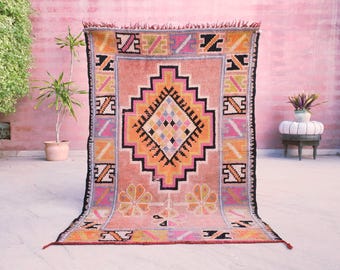 50% OFF CLOSING SALE Vintage Moroccan Rug, Squarish Boujaad in Peach and Sunset Tones, 3.5x5 ft